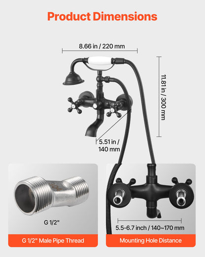 Badkarsblandare med klor, väggmonterade badkarsblandare med handhållen dusch, vintage mattsvart badkarsblandare med klor, duschkit med justerbara svängarmar och 360° roterande pip för badkar