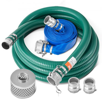 Sugslangsats för vattenpump, med 51 mm (2 tum) x 15,2 m (50 fot) blå backspolningsslang, 6,1 m (20 fot) grön sugslang och rundhålssil i stål, kamlås, klämmor, kam- och spåradapter, för flera ändamål
