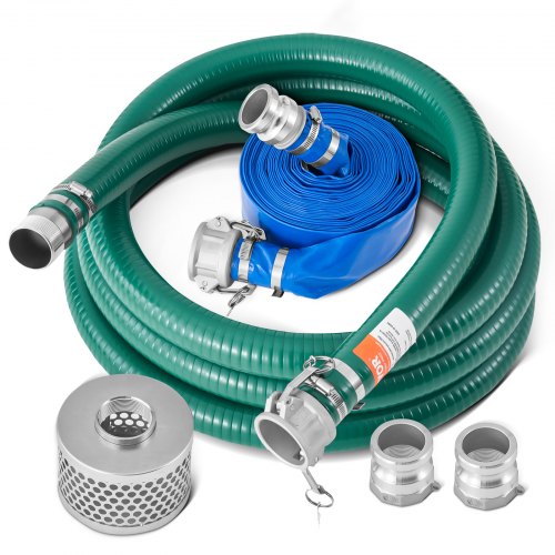 Sugslangsats för vattenpump, med 51 mm (2 tum) x 15,2 m (50 fot) blå backspolningsslang, 6,1 m (20 fot) grön sugslang och rundhålssil i stål, kamlås, klämmor, kam- och spåradapter, för flera ändamål
