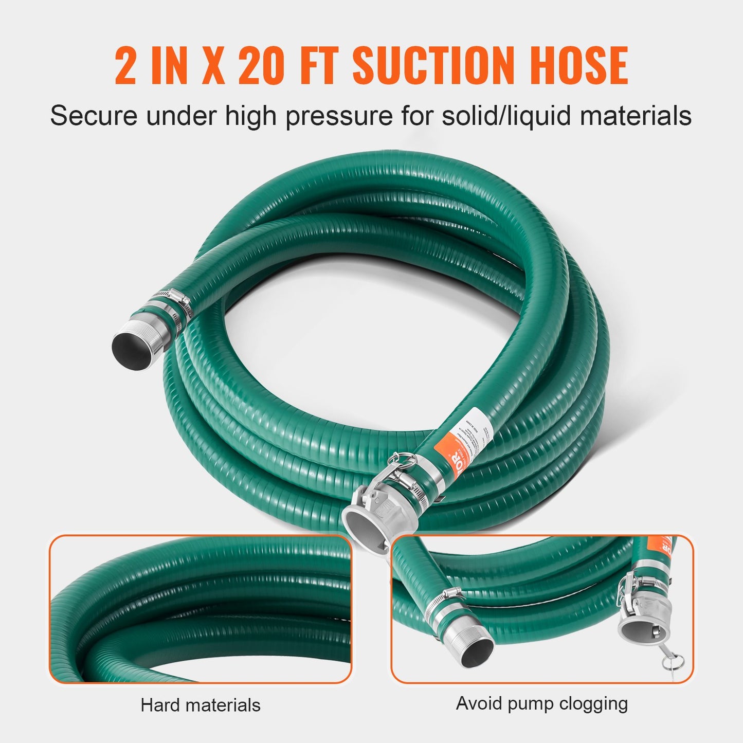 Sugslangsats för vattenpump, med 51 mm (2 tum) x 15,2 m (50 fot) blå backspolningsslang, 6,1 m (20 fot) grön sugslang och rundhålssil i stål, kamlås, klämmor, kam- och spåradapter, för flera ändamål
