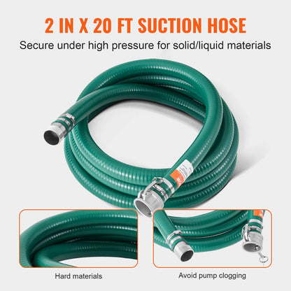 Sugslangsats för vattenpump, med 51 mm (2 tum) x 15,2 m (50 fot) blå backspolningsslang, 6,1 m (20 fot) grön sugslang och rundhålssil i stål, kamlås, klämmor, kam- och spåradapter, för flera ändamål