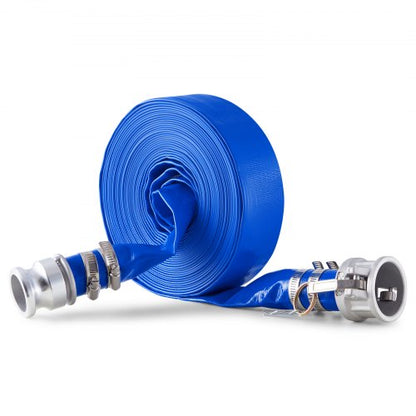 Backspolningsslang, 38 mm (1,5 tum) x 15,2 m (50 fot), blå PVC-slang av hög kvalitet, med klämmor, kamlås, aluminiumkopplingar, passar olika pumpar, för avloppsrening, vattentransport och fler jordbruksändamål