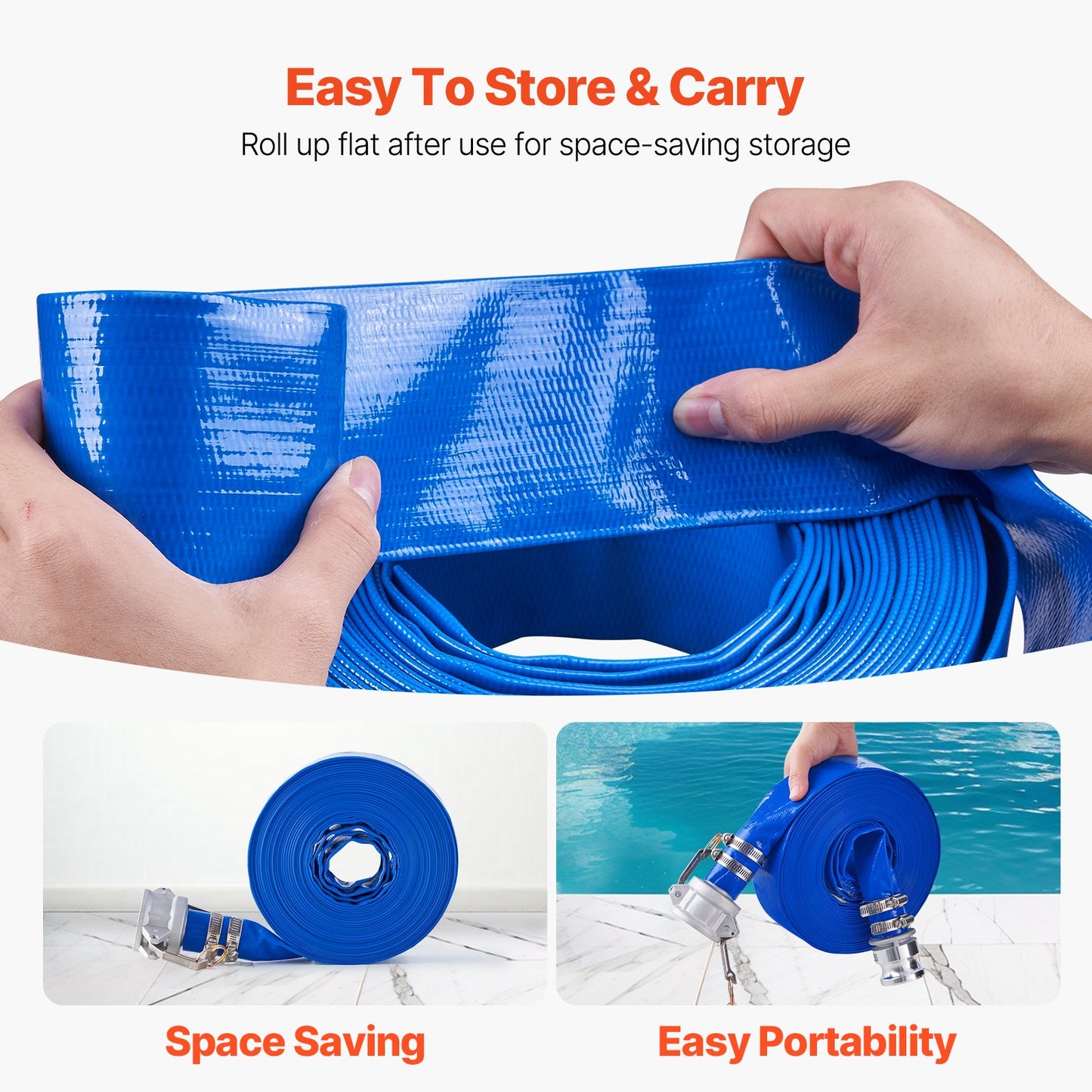 Backspolningsslang, 38 mm (1,5 tum) x 15,2 m (50 fot), blå PVC-slang av hög kvalitet, med klämmor, kamlås, aluminiumkopplingar, passar olika pumpar, för avloppsrening, vattentransport och fler jordbruksändamål