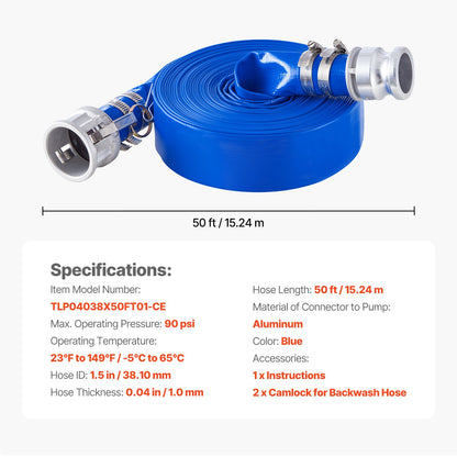 Backspolningsslang, 38 mm (1,5 tum) x 15,2 m (50 fot), blå PVC-slang av hög kvalitet, med klämmor, kamlås, aluminiumkopplingar, passar olika pumpar, för avloppsrening, vattentransport och fler jordbruksändamål