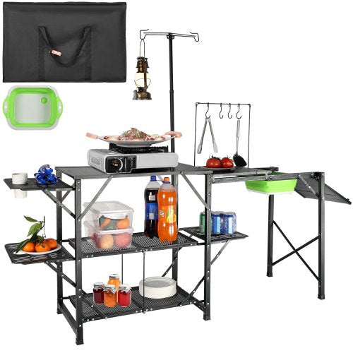 Campingköksbord, hopfällbar bärbar kokstation i ett stycke med bärväska, långt campingbord i aluminium, 3 sidobord, 2 hyllor och en avtagbar diskho för utomhuspicknick, grillfester, camping