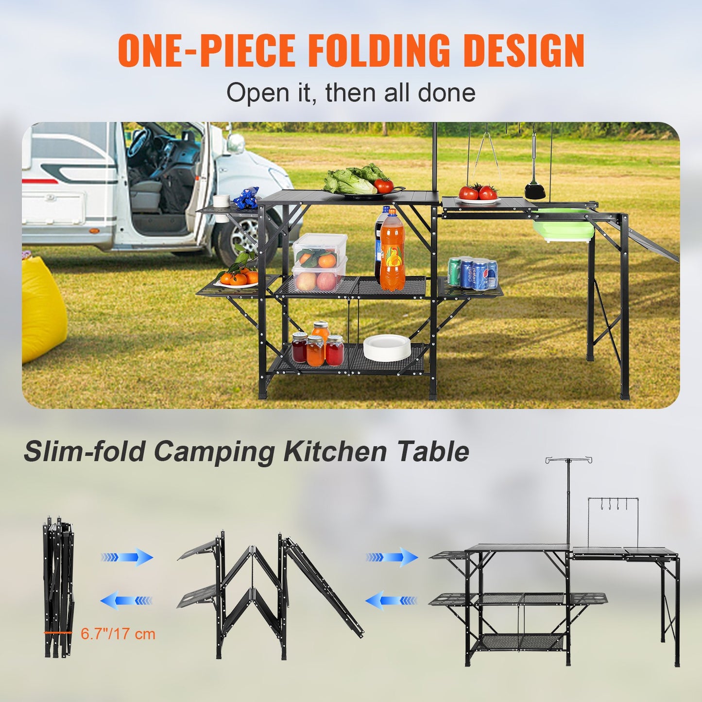Campingköksbord, hopfällbar bärbar kokstation i ett stycke med bärväska, långt campingbord i aluminium, 3 sidobord, 2 hyllor och en avtagbar diskho för utomhuspicknick, grillfester, camping