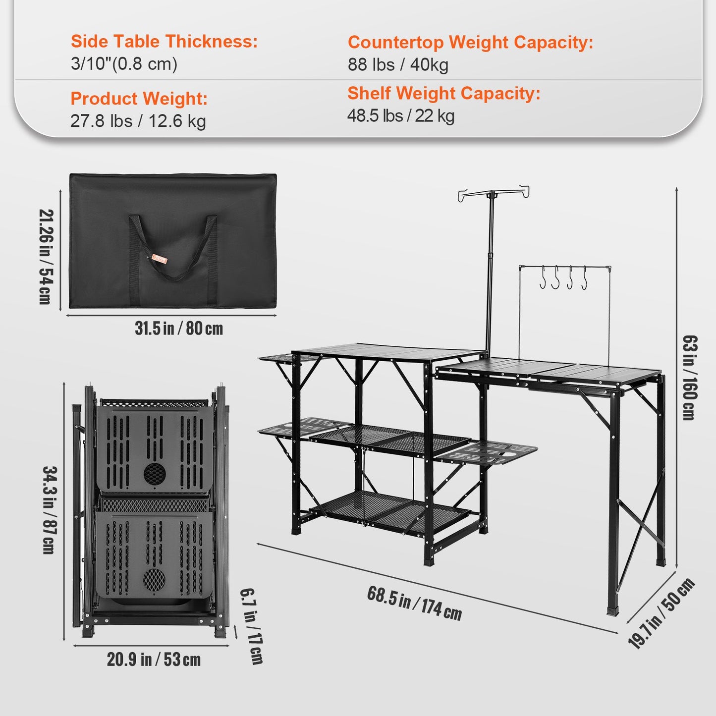 Campingköksbord, hopfällbar bärbar kokstation i ett stycke med bärväska, långt campingbord i aluminium, 3 sidobord, 2 hyllor och en avtagbar diskho för utomhuspicknick, grillfester, camping