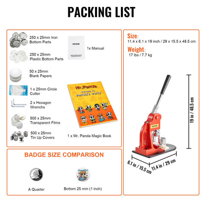 Knappmaskin, 25 mm (1 tum) stanspress för märkestryck, nåltillverkare för barn, gör-det-själv-presenter, knapptillverkningstillbehör med 500 st knappdelar, cirkelskärare och magisk bok