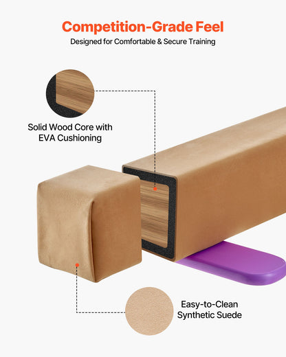 2,4 m balansbom för barn, 158,7 kg stabil gymnastikgolvbalk med halkfria trämattor, gymnastikträningsutrustning med träkärna och halkfri botten för hemmabruk och gym, gul