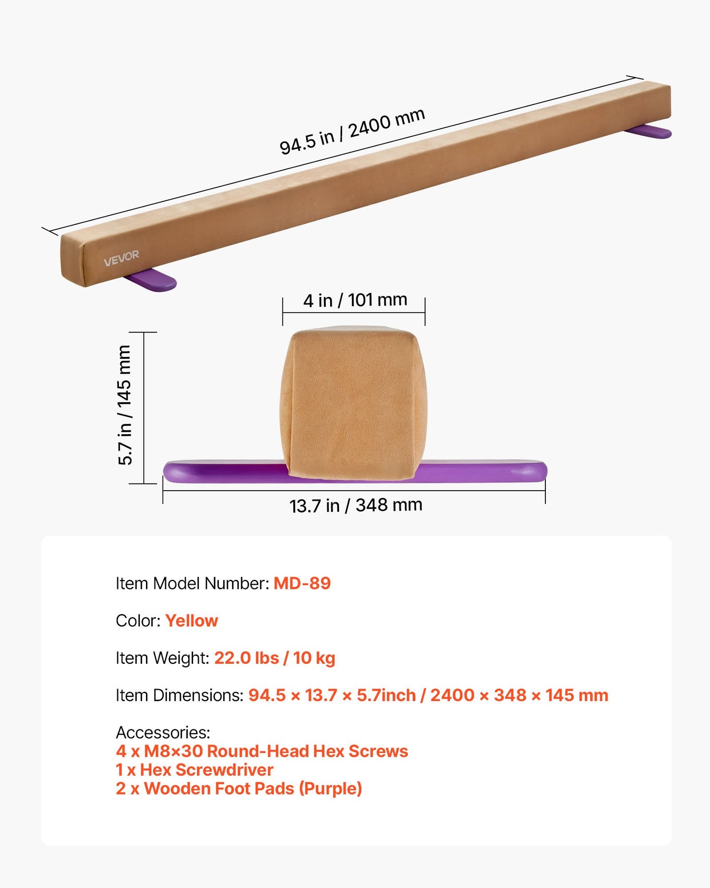 2,4 m balansbom för barn, 158,7 kg stabil gymnastikgolvbalk med halkfria trämattor, gymnastikträningsutrustning med träkärna och halkfri botten för hemmabruk och gym, gul