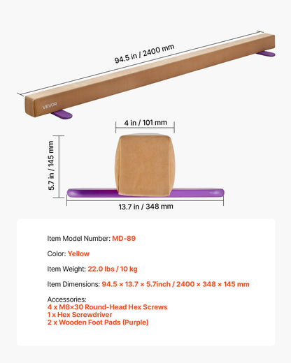 2,4 m balansbom för barn, 158,7 kg stabil gymnastikgolvbalk med halkfria trämattor, gymnastikträningsutrustning med träkärna och halkfri botten för hemmabruk och gym, gul