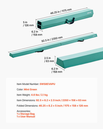 2,4 m hopfällbar balansbom för barn, 90,7 kg stabilt stöd för gymnastikgolv med halkfria mattor, gymnastikträningsutrustning med halkfri botten och bärväska för hemmagym, mintgrön