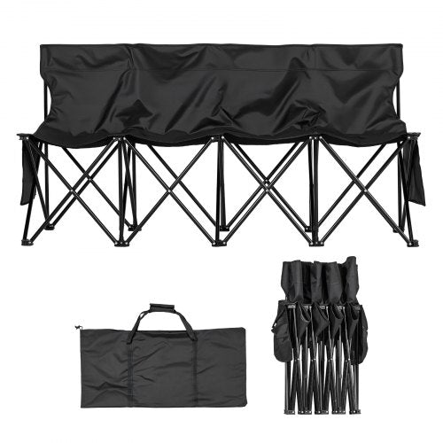 Portable Folding Bench, 4 Seat Foldable Soccer Bench with Side Pockets and Carrying Bag, Lightweight Sideline Seating with Back Rest for Football, Baseball, Camping, Outdoor Events, Black