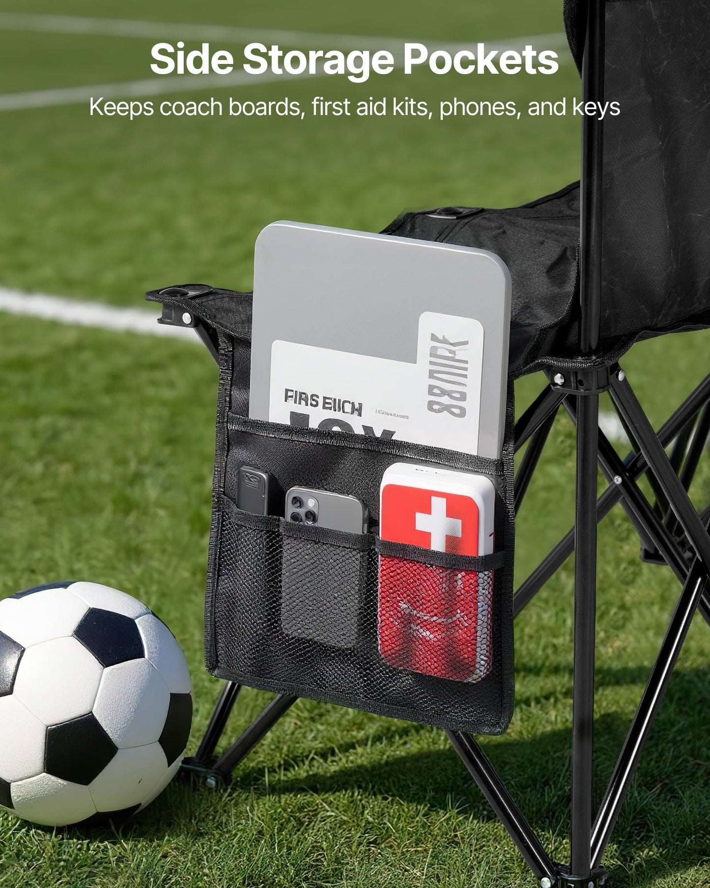 Bärbar hopfällbar bänk, hopfällbar fotbollsbänk med 4 platser, sidofickor och bärväska, lätt sidosittplats med ryggstöd för fotboll, baseboll, camping, utomhusevenemang, svart