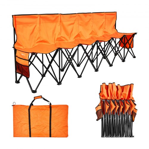 Bärbar hopfällbar bänk, hopfällbar fotbollsbänk med 6 platser, sidofickor och bärväska, lätt sidosittplats med ryggstöd för fotboll, baseboll, camping, utomhusevenemang, orange