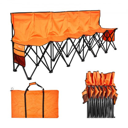 Bärbar hopfällbar bänk, hopfällbar fotbollsbänk med 6 platser, sidofickor och bärväska, lätt sidosittplats med ryggstöd för fotboll, baseboll, camping, utomhusevenemang, orange