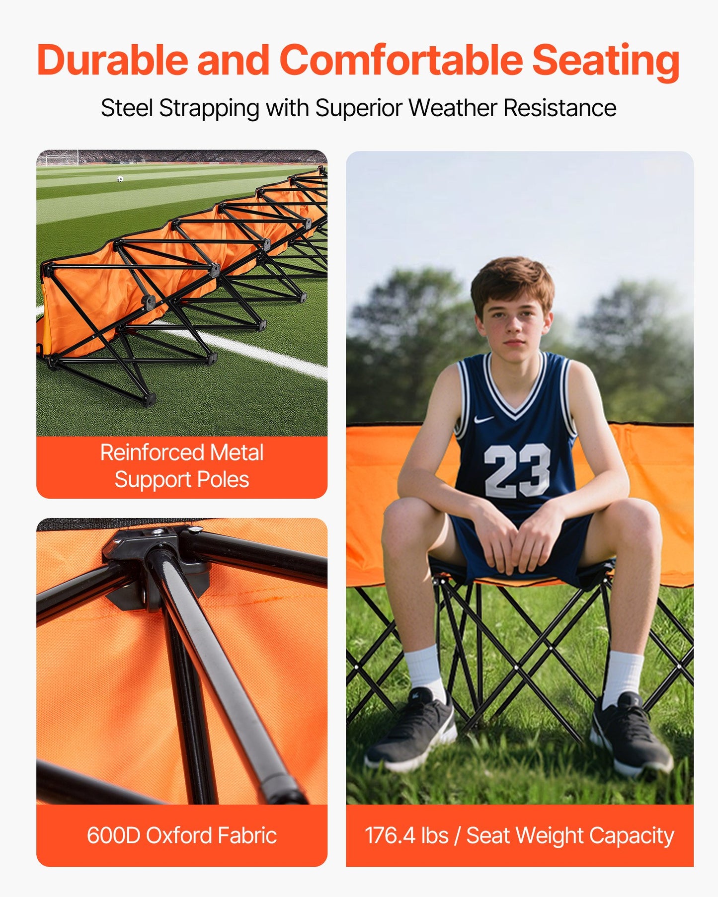 Bärbar hopfällbar bänk, hopfällbar fotbollsbänk med 6 platser, sidofickor och bärväska, lätt sidosittplats med ryggstöd för fotboll, baseboll, camping, utomhusevenemang, orange