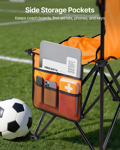 Bärbar hopfällbar bänk, hopfällbar fotbollsbänk med 6 platser, sidofickor och bärväska, lätt sidosittplats med ryggstöd för fotboll, baseboll, camping, utomhusevenemang, orange