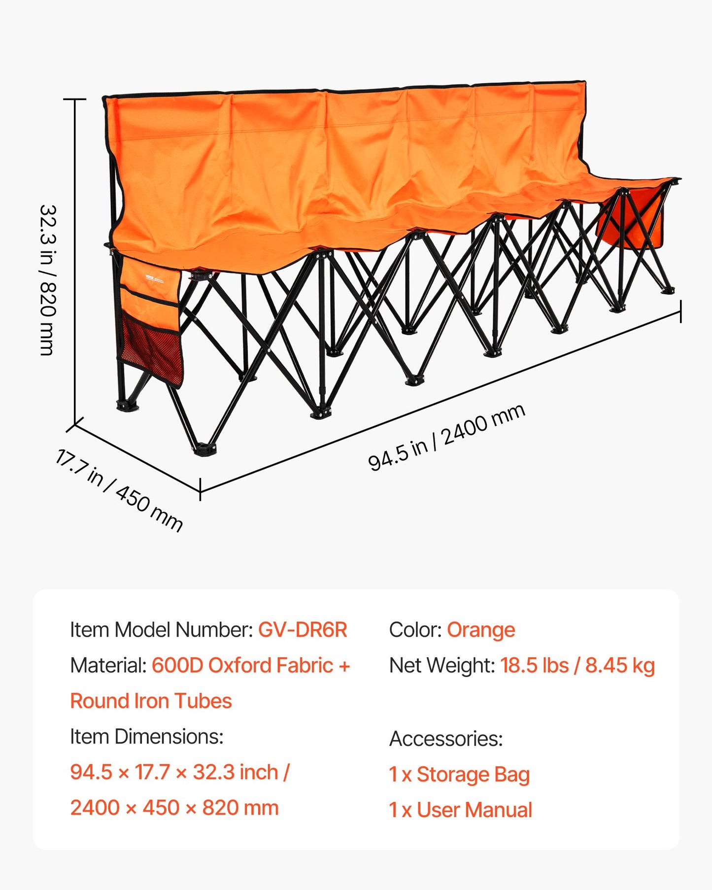 Bärbar hopfällbar bänk, hopfällbar fotbollsbänk med 6 platser, sidofickor och bärväska, lätt sidosittplats med ryggstöd för fotboll, baseboll, camping, utomhusevenemang, orange