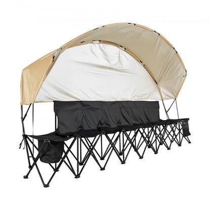 Bärbar hopfällbar bänk, fotbollsbänk med 6 platser, förvaringsfickor, mugghållare och bärväska, lätt sidosittplats med solskydd för fotboll, baseboll, camping, utomhusevenemang, svart