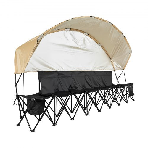 Bärbar hopfällbar bänk, fotbollsbänk med 6 platser, förvaringsfickor, mugghållare och bärväska, lätt sidosittplats med solskydd för fotboll, baseboll, camping, utomhusevenemang, svart