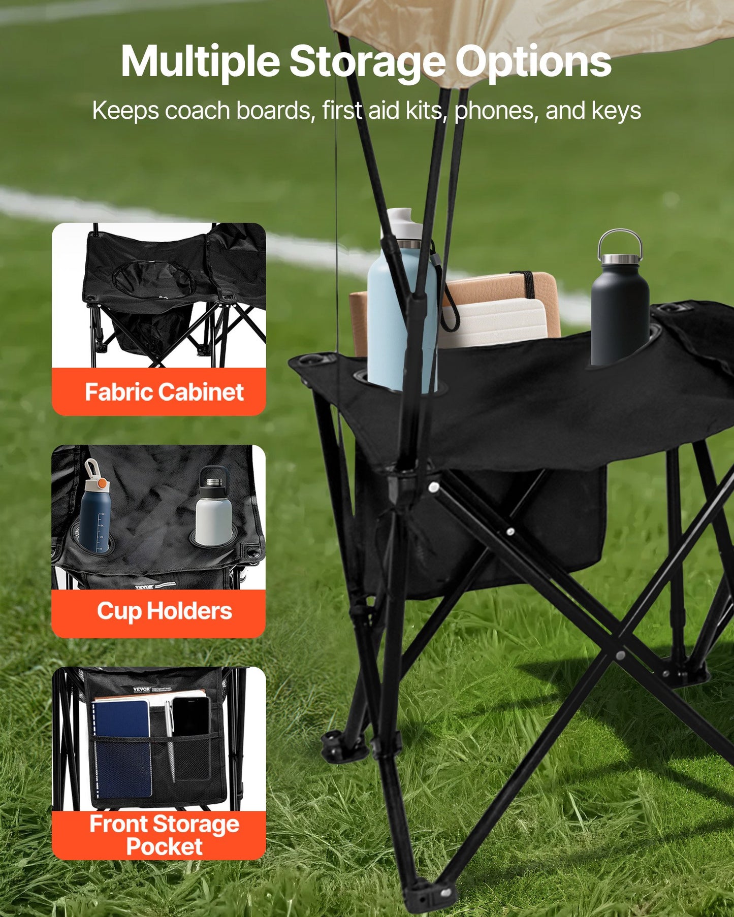 Bärbar hopfällbar bänk, fotbollsbänk med 6 platser, förvaringsfickor, mugghållare och bärväska, lätt sidosittplats med solskydd för fotboll, baseboll, camping, utomhusevenemang, svart