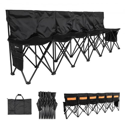 Bärbar hopfällbar bänk, fotbollsbänk med 6 platser, flera förvaringsfickor och bärväska, lätt sidosittplats med ryggstöd för fotboll, baseboll, camping, utomhusevenemang, svart