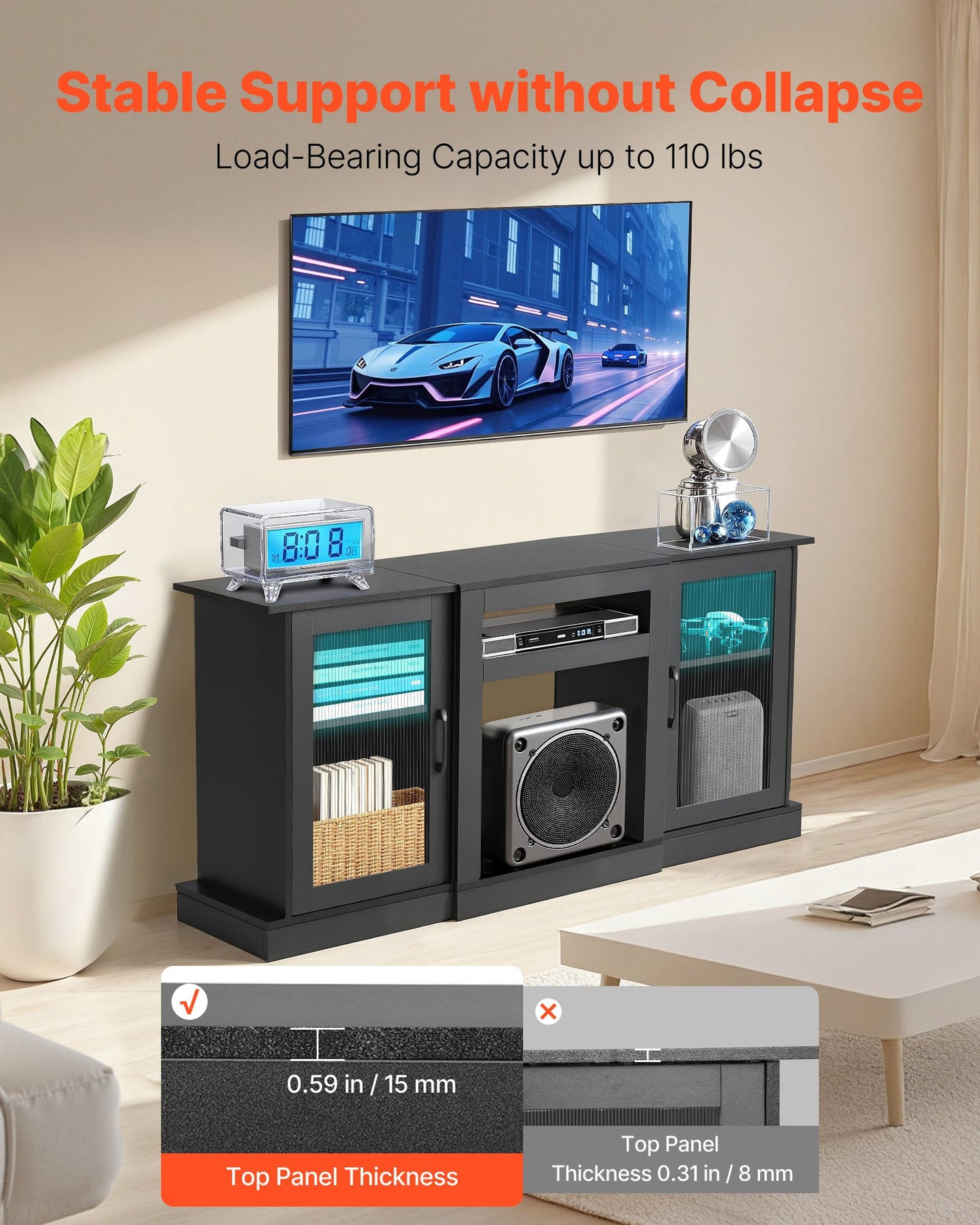 TV-stativ för TV-apparater upp till 1651 mm, Modernt underhållningscenter med ljuslist, TV-skåp i trä med glasdörrar och justerbara hyllor, Konsolbord för vardagsrum och sovrum, Svart