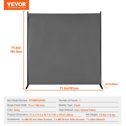 Room Divider, Single Panel Room Divider, 6FT Privacy Screen Indoor, Partition Divider for Room Separation, Freestanding Room Divider Panel for Office, Bedroom, Grey