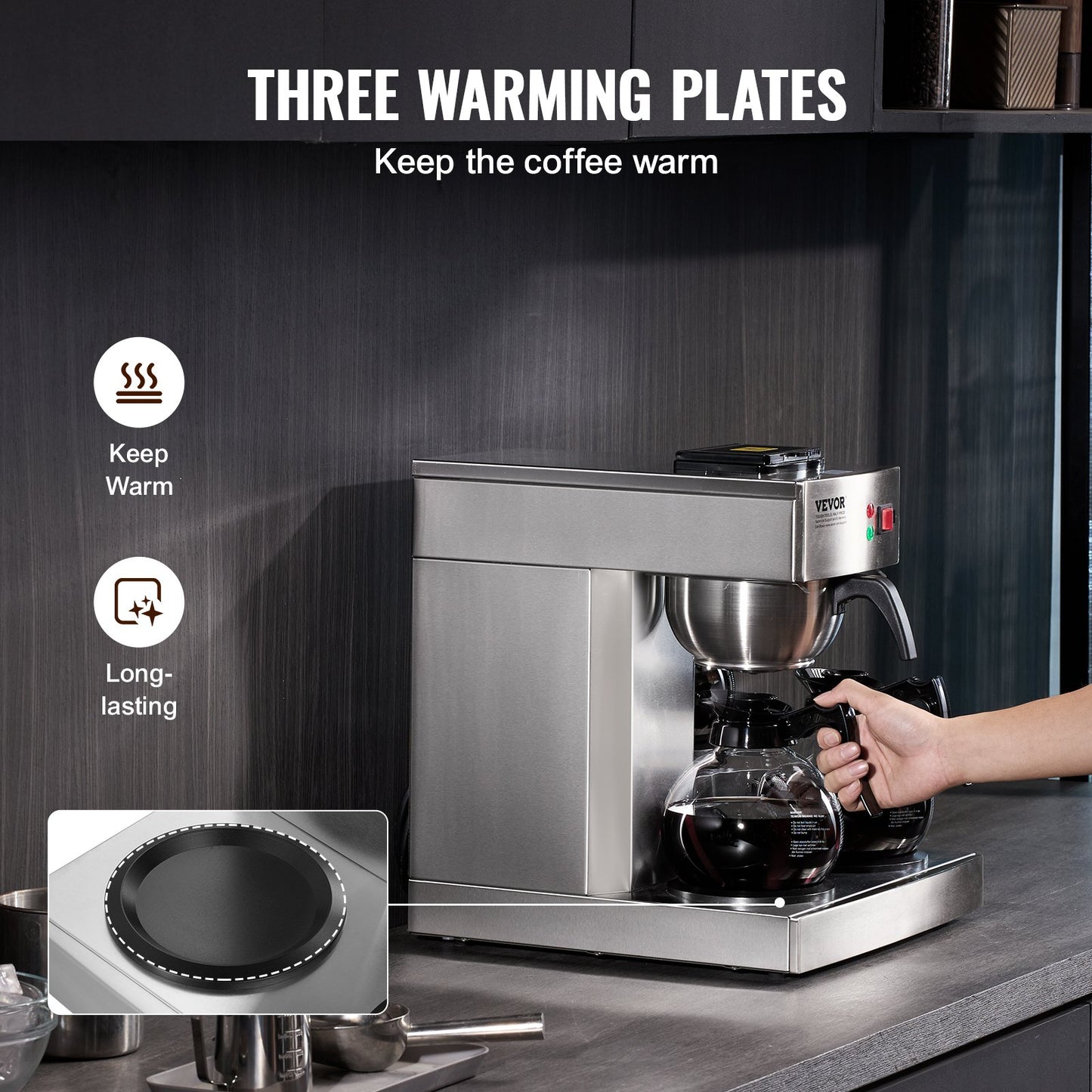 Kommersiell droppbryggare för 12 koppar kaffe, kaffebryggare med 3 glaskaraffer och 3 värmeplattor, rostfritt stålbryggare med automatiskt vattenintag, för restaurang, kontor och café