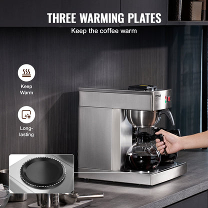 Kommersiell droppbryggare för 12 koppar kaffe, kaffebryggare med 3 glaskaraffer och 3 värmeplattor, rostfritt stålbryggare med automatiskt vattenintag, för restaurang, kontor och café