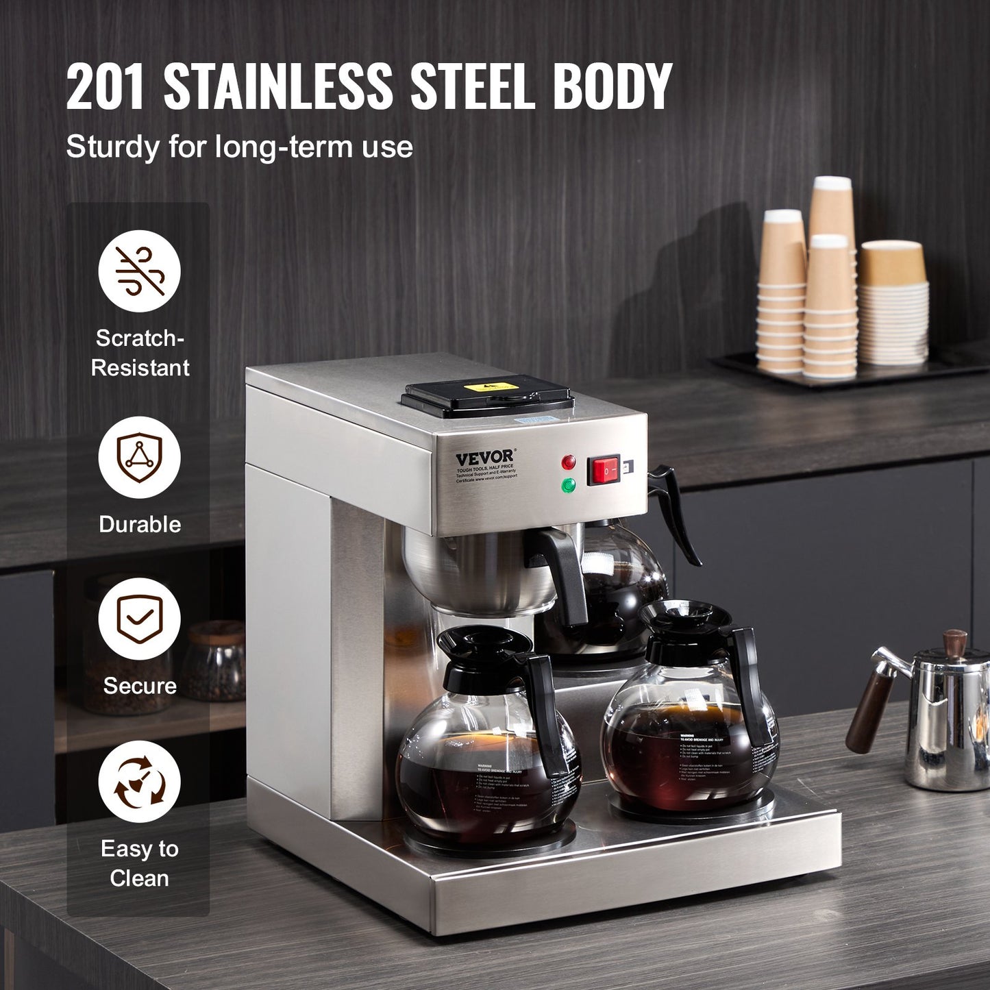 Kommersiell droppbryggare för 12 koppar kaffe, kaffebryggare med 3 glaskaraffer och 3 värmeplattor, rostfritt stålbryggare med automatiskt vattenintag, för restaurang, kontor och café