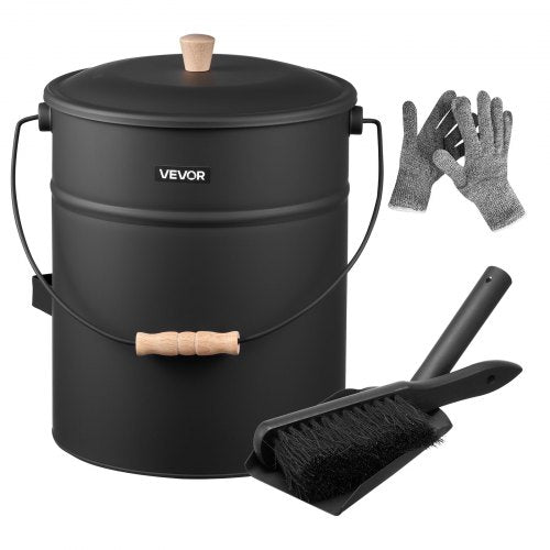Ash Bucket, 4 PCS with Lid, Shovel, Broom and Gloves, Metal Fireplace Charcoal Bucket and Ash Can, 15L Large Capacity for Fireplace, Fire Pits, Wood Burning Stoves, Indoor and Outdoor