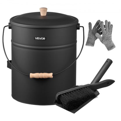 Ash Bucket, 4 PCS with Lid, Shovel, Broom and Gloves, Metal Fireplace Charcoal Bucket and Ash Can, 15L Large Capacity for Fireplace, Fire Pits, Wood Burning Stoves, Indoor and Outdoor