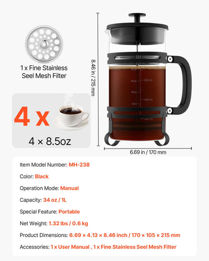 French Press kaffebryggare, 1 liter borosilikatglas kaffepress tebryggare med rostfritt stålfilter, stor glasfransk press kallbryggning för camping, resor, hemkök, silver