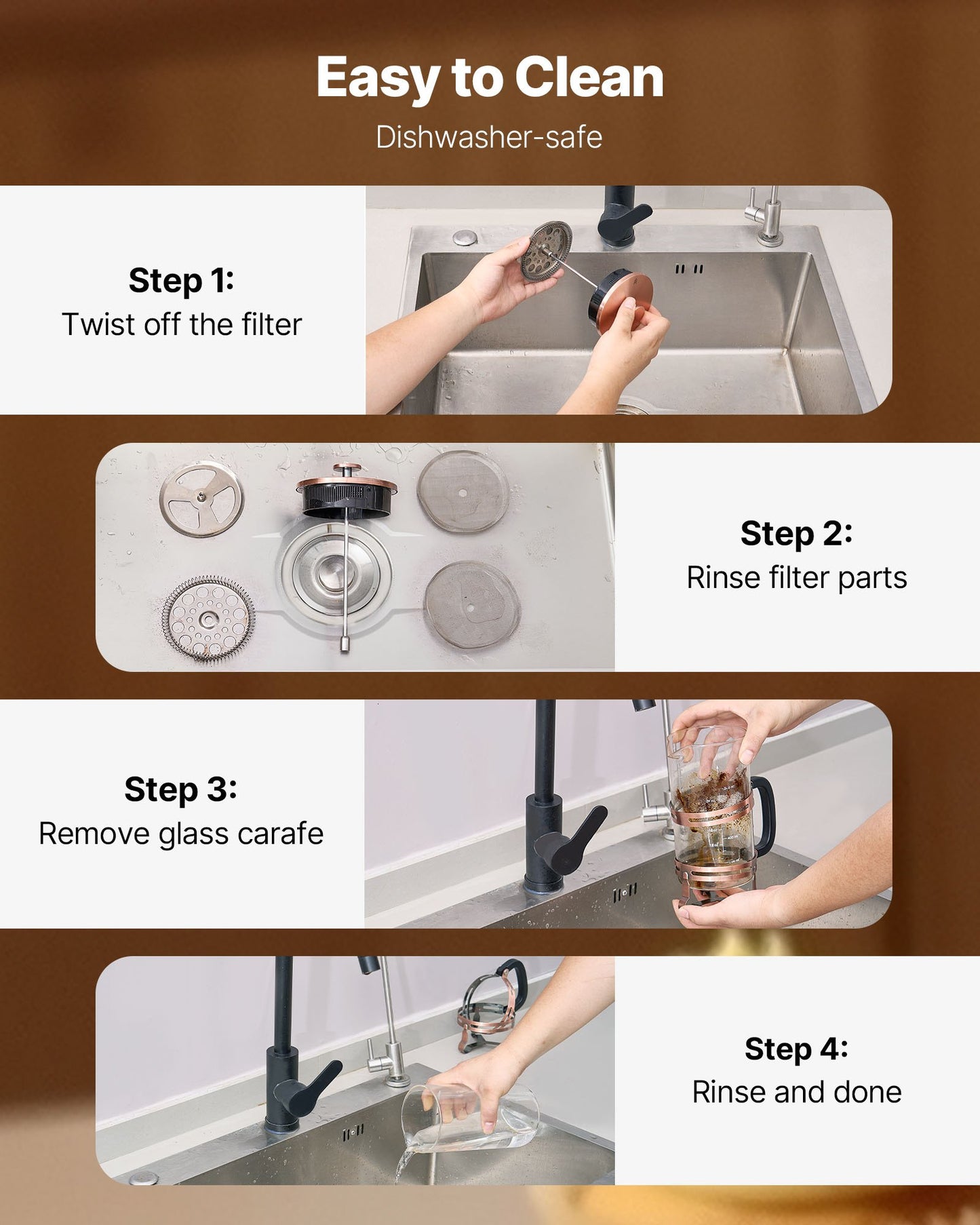 French Press kaffebryggare, 1 liter borosilikatglas kaffepress tebryggare med filter i rostfritt stål, stor glasfransk press kallbryggning för camping, resor, hemkök, koppar