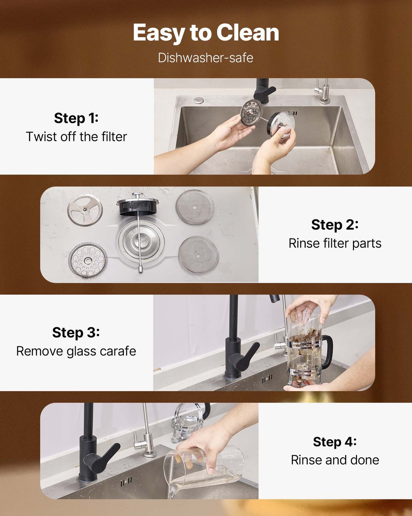 French Press kaffebryggare, 1 liter borosilikatglas kaffepress tebryggare med rostfritt stålfilter, stor glasfransk press kallbryggning för camping, resor, hemkök, silver