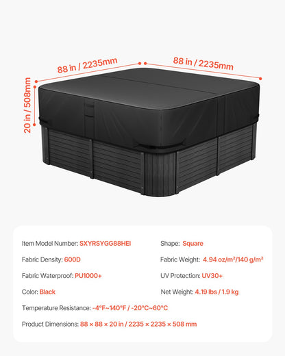 Överdrag för utomhusbadtunna, 88x88x20in/2235x2235x508mm väderbeständigt och vattentätt badtunneskydd, 600D kraftigt oxfordtyg och 950N rivstyrka, fyrkantiga spa-överdrag för badtunna, svart