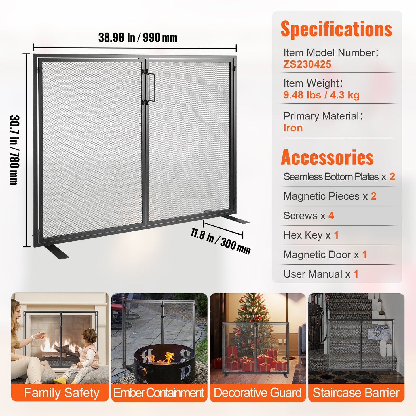 Spisskärm 1 panel med dörr, robust järnnätsskärm, 990 (L) x 780 (H) MM gnistskydd, enkel installation, fristående brandgaller för vardagsrum, heminredning, modern