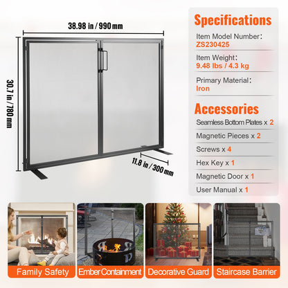 Spisskärm 1 panel med dörr, robust järnnätsskärm, 990 (L) x 780 (H) MM gnistskydd, enkel installation, fristående brandgaller för vardagsrum, heminredning, modern