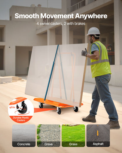 Gipsvagn, 816 kg lastkapacitet, stålpanelvagn med 4 svänghjul, hållbar och långvarig, panelvagn med surrband för plywood, gipsskivor, glas, orange