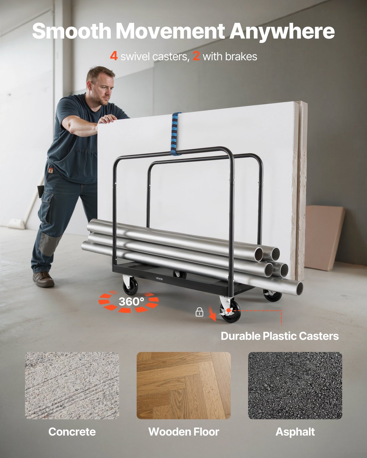 Gipsvagn, 816 kg lastkapacitet, stålplåtsvagn med 12,5 mm svänghjul, timmergipsvagn med surrband och 3 sidoräcken för fabrik, lager, garage, svart