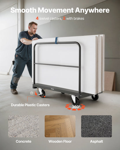 Gipsvagn, 816 kg lastkapacitet, 2-i-1 stålpanelvagn med 12,5 mm svänghjul, 91,4 x 61 cm plattformsvagn med 3 sidoräcken för fabrik, lager, garage, svart