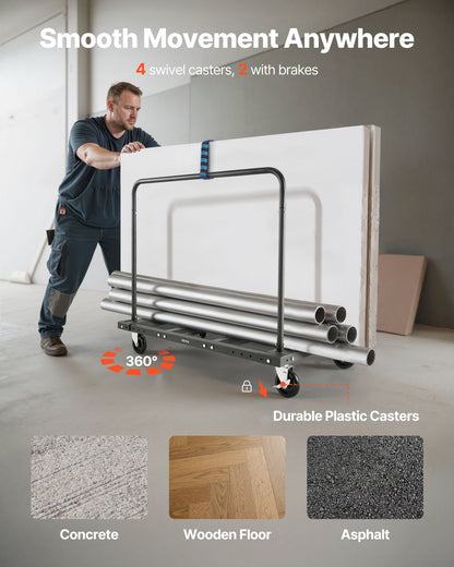 Gipsvagn, 816 kg lastkapacitet, stålplåtsvagn med 12,5 mm svänghjul, timmergipsvagn med surrband och 2 sidoräcken för fabrik, lager, garage, svart