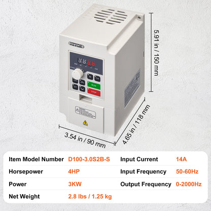 VFD 4HP, 3KW, 14A, 1- eller 3-fas AC 220V ingång till 3-fas AC 0~220V utgång Variabel frekvensomriktare, 50/60Hz ingång, 0-2000Hz utgång VFD för spindelmotorns varvtalsreglering