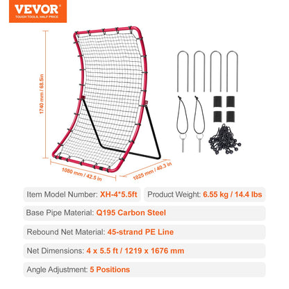 Baseboll- och softbollreboundernät, 4 x 5,5 fot PitchBack basebollkastningsnät, Pitch Return Trainer-reboundnät med pitchingmål, reboundnät för alla vinklar för grounders pop flugor