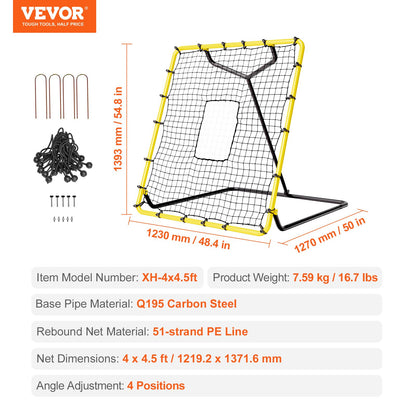 Baseboll- och softbollreboundernät, 4 x 4,5 fot PitchBack-basebollnät för pitching- och fältträning, Pitch Return Trainer-reboundnät med pitchingmål, 4 justerbara vinklar