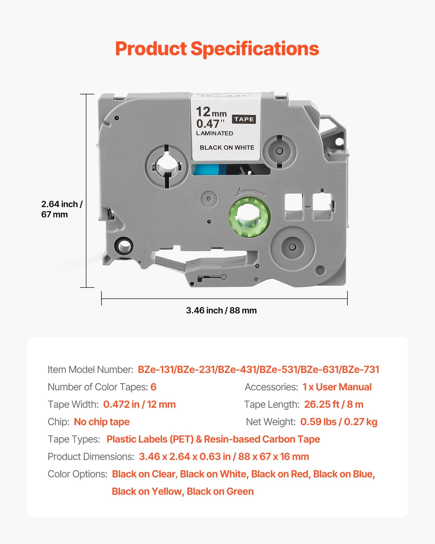 Etikettband, 6-pack, 0,47 tum / 12 mm färgade refills för etikettskrivare, kompatibelt med olika typer av Brother P-Touch, ersättning för Letra Tag TZe-131 TZe-231 TZe-431 TZe-531 TZe-631 TZe-731