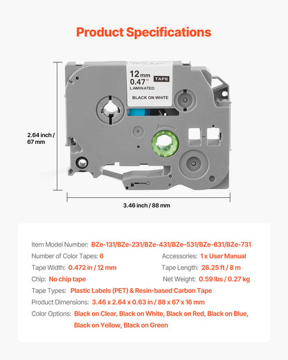 Etikettband, 6-pack, 0,47 tum / 12 mm färgade refills för etikettskrivare, kompatibelt med olika typer av Brother P-Touch, ersättning för Letra Tag TZe-131 TZe-231 TZe-431 TZe-531 TZe-631 TZe-731