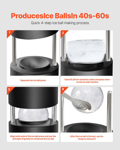 Isbollspress-kit, ispress i aluminium för flygbruk med isblockform, stor matta, tång, droppbricka, ett glas, rund isbollsmaskin 2,4"/60 mm iskula, för whisky, cocktail på fest och högtider